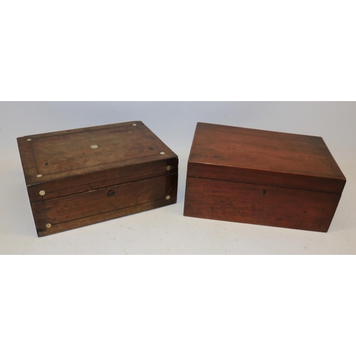 761 - Victorian rosewood sewing box with mother of pearl inlay containing lace bobbins and another similar... 