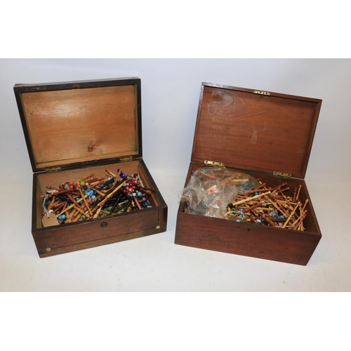 761 - Victorian rosewood sewing box with mother of pearl inlay containing lace bobbins and another similar... 