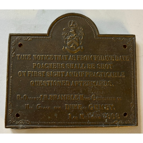 826 - A small novelty bronze plaque notifying the poachers shall be shot on first sight 10cm x 11.5cm