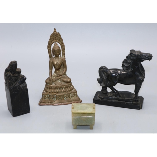 543 - Nepalese style figure of Buddha, Chinese jade box, carved black soapstone horse, and another carved ... 