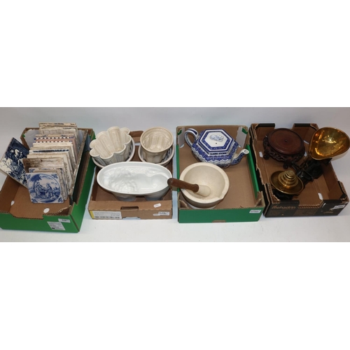 556 - Collection of Delft and other tiles, Victorian jelly moulds, Avery scales, pestle and mortar, Chines... 