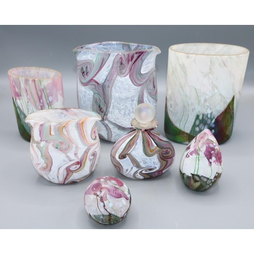 407 - Collection of pink and green marbled Isle of Wight studio glass incl. vases, paperweights, and scent... 