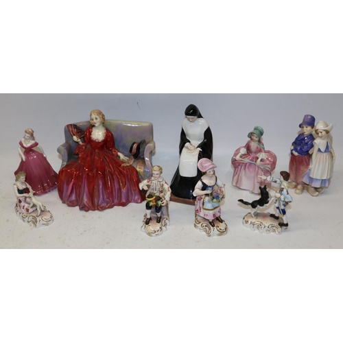 410 - Collection of porcelain figures, incl. four Royal Crown Derby figures; Royal Doulton Sweet & Twenty ... 