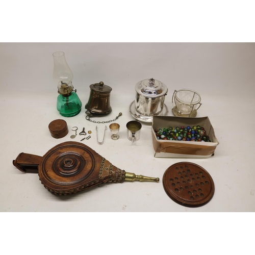 1005 - 19th Century walnut bellows; 19th Century mortar and pestle converted to a bell; collection of marbl... 