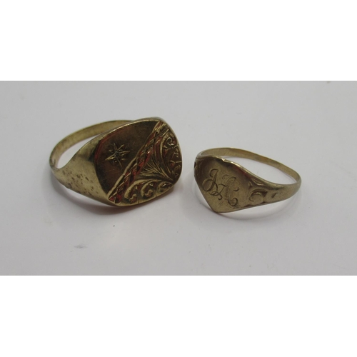 11 - 9ct yellow gold square faced signet ring with half engraved detail, and a smaller signet ring with h... 