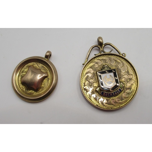 66 - 9ct yellow gold fob with enamel detail for Rochdale, back engraved Sandfield M.C 1931, and another s... 