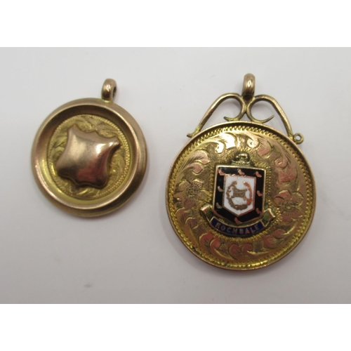 66 - 9ct yellow gold fob with enamel detail for Rochdale, back engraved Sandfield M.C 1931, and another s... 