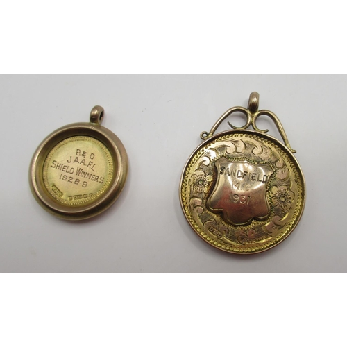 66 - 9ct yellow gold fob with enamel detail for Rochdale, back engraved Sandfield M.C 1931, and another s... 