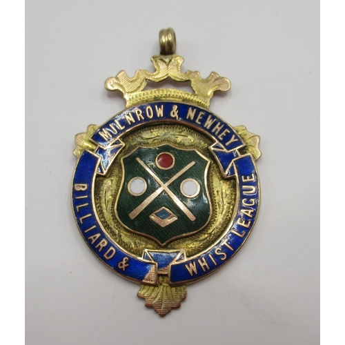 67 - 9ct yellow gold and enamel fob for the 'Milrow & Newhey Billiard & Whist League', stamped 375, 9.20g