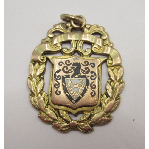 68 - 9ct yellow gold fob with enamel detail, for the Rochdale& District Charity Cup, stamped 375, 9.03g