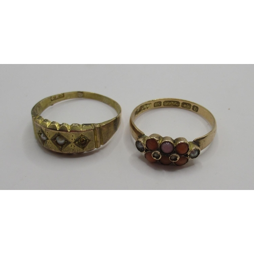 69 - 15ct yellow gold ring set with coral and seed pearls, stamped 15, size O, 1.68g, and a yellow metal ... 