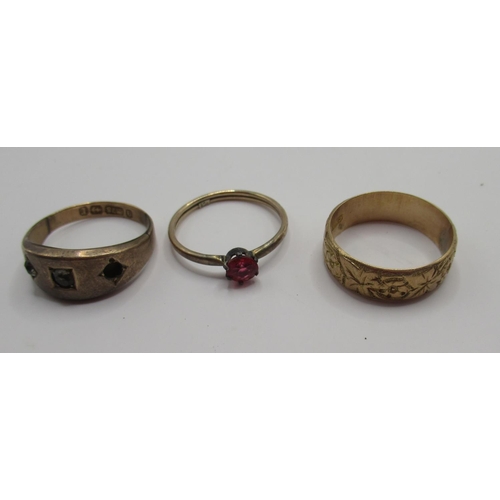 71 - 9ct yellow gold band ring with engraved detail, size K1/2, and two more 9ct gold rings set with colo... 