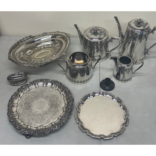 533 - Walker & Hall, Sheffield, 20th Century four piece EPNS teaset; two silver plated salvers and other s... 