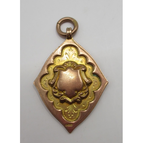 158 - 9ct yellow and rose gold fob charm with blank central shield, stamped, 375, 5.65g