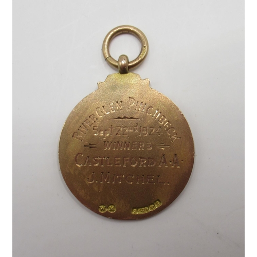 159 - 9ct yellow and rose gold fob charm with enamel detail for the English Angling Championship, stamped ... 