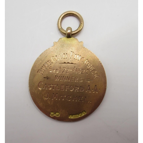 159 - 9ct yellow and rose gold fob charm with enamel detail for the English Angling Championship, stamped ... 