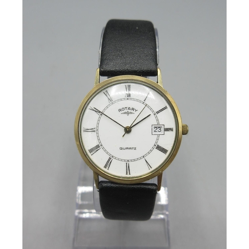 1048 - Rotary 9ct gold quartz wristwatch with date, signed white Roman dial, centre seconds, snap on case b... 