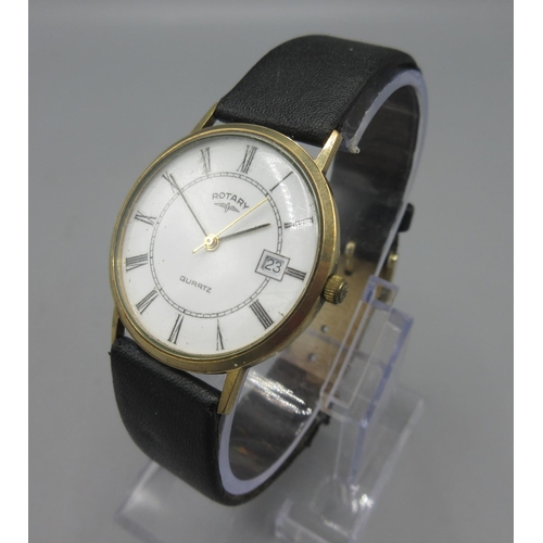 1048 - Rotary 9ct gold quartz wristwatch with date, signed white Roman dial, centre seconds, snap on case b... 