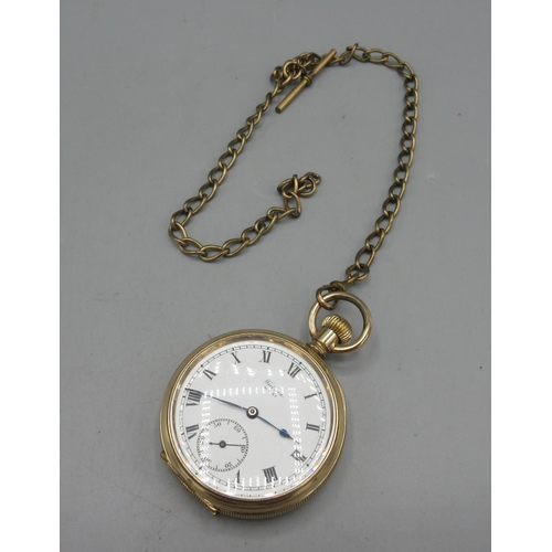 1052 - Swiss for Walton U.S. Co., 10ct rolled gold keyless pocket watch, signed white enamel Roman dial, su... 