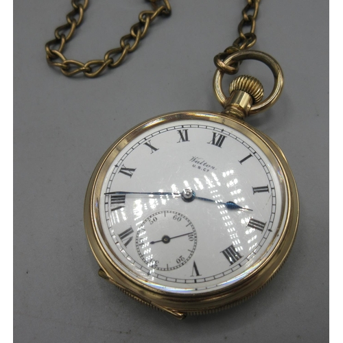 1052 - Swiss for Walton U.S. Co., 10ct rolled gold keyless pocket watch, signed white enamel Roman dial, su... 