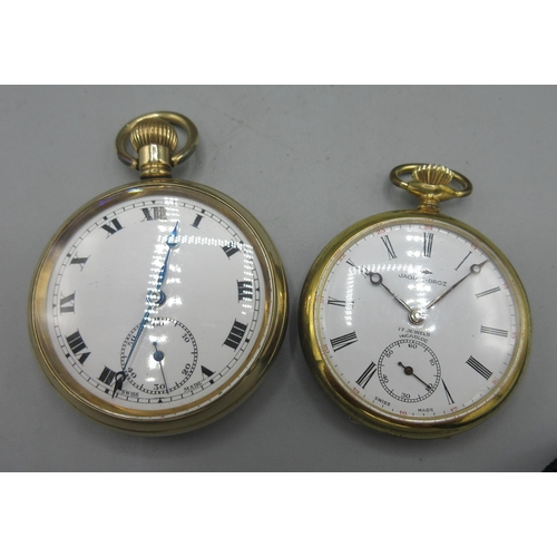 1055 - Swiss rolled gold keyless pocket watch, white enamel Roman dial, subsidiary seconds, Eclipse case, S... 