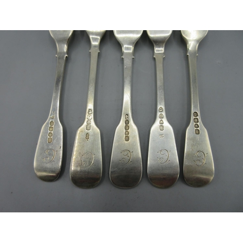 304 - Five silver forks in fiddle pattern with 'C' monogram, three with William IV hallmarks and two with ... 