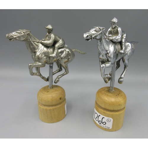 1266 - Two Art Deco style car mascots in the form of galloping racehorses, mounted on wooden plinths, H11cm... 