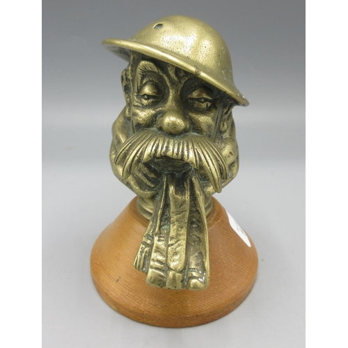 1268 - Old Bill brass car mascot, after Bruce Bairnsfather, mounted on wooden plinth, H13cm incl. plinth