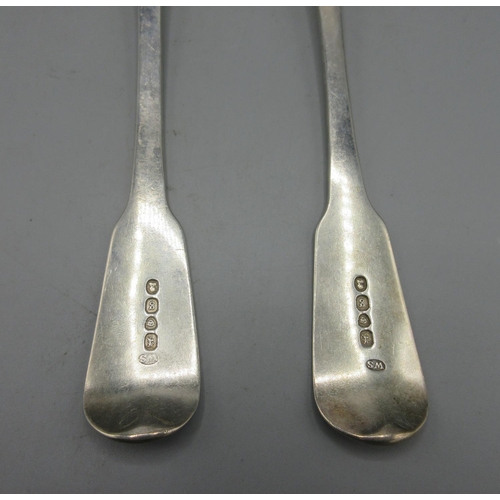 306 - Pair of George IV silver monogrammed serving spoons in fiddle pattern by William Seaman, London 1822... 