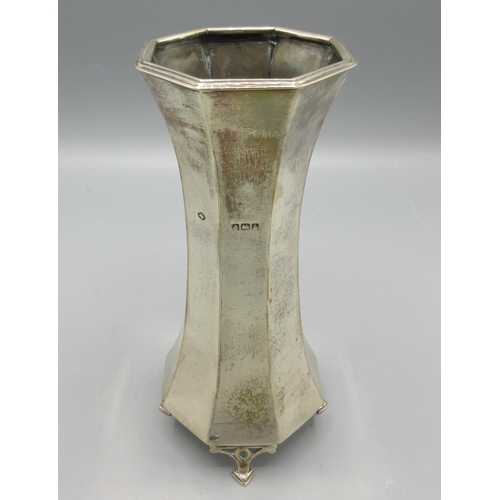 309 - Edwardian silver octagonal flared vase, monogrammed, with four cast hoof feet, makers mark rubbed, s... 