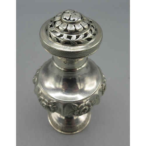 311 - 19thC Austrian silver sugar caster on pedestal foot, urn shaped body, band of rose repousse design, ... 