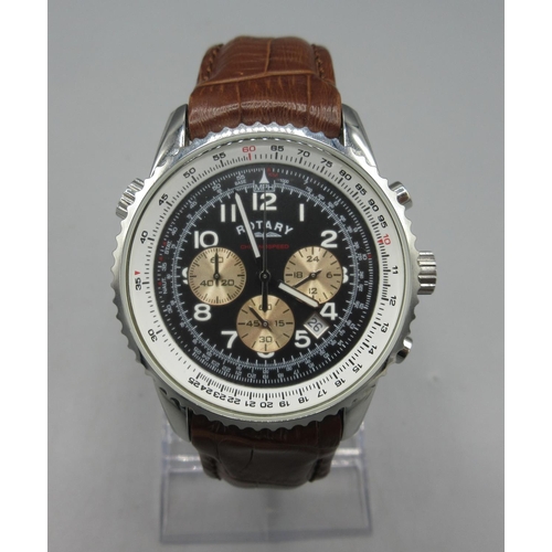 413 - Rotary Chronospeed stainless steel chronograph quartz wristwatch with date, signed black Arabic dial... 