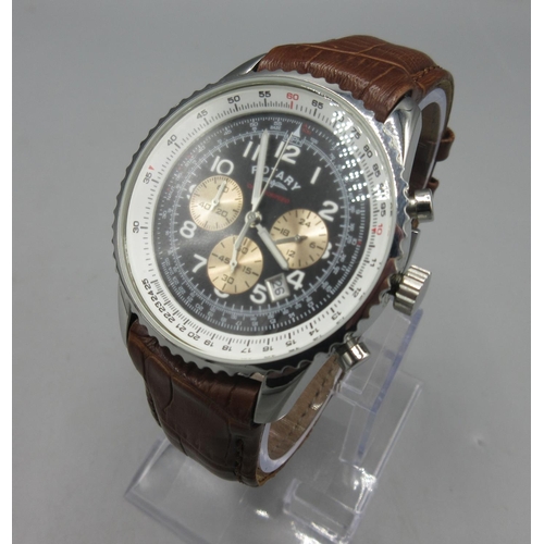 413 - Rotary Chronospeed stainless steel chronograph quartz wristwatch with date, signed black Arabic dial... 