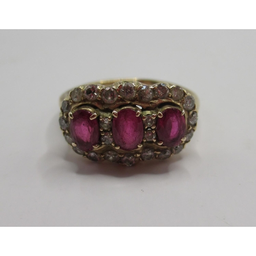 35 - Yellow metal ruby and diamond triple cluster ring, size L, 3.26g