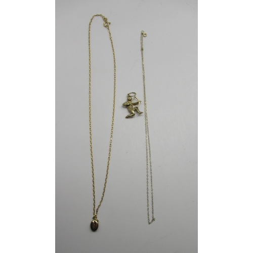 44 - Yellow metal archer pendant, with worn hallmarks, on yellow metal chain necklace, and a 9ct yellow g... 