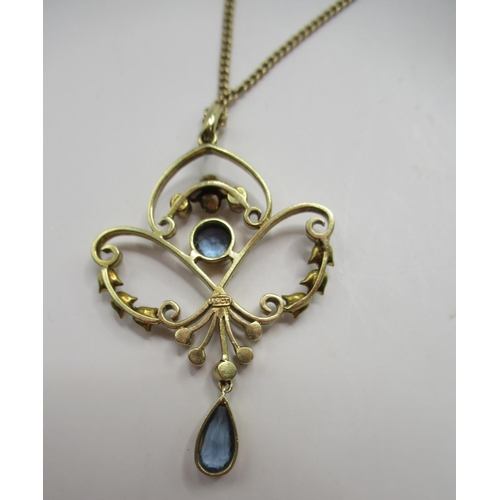 7 - Edwardian 15ct yellow gold drop pendant set with seed pearls and aquamarine, stamped 15, approx. 4.4... 