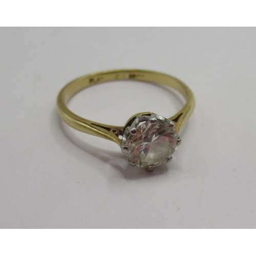 9 - 18ct yellow gold solitaire ring set with large moissanite, stamped 18ct PLAT, size Q1/2, 2.67g