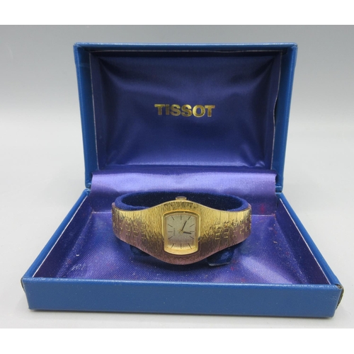 1053 - Tissot ladies gold plated cocktail wristwatch on integrated bark effect bracelet, signed gold dial, ... 