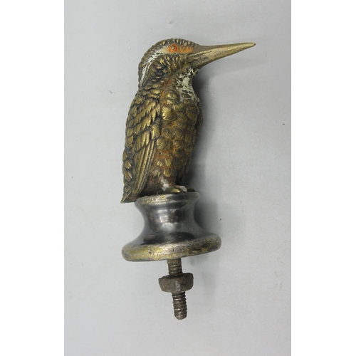 1271 - Cold painted bronze model of a kingfisher, mounted on a socle base as a car mascot, early 20th centu... 