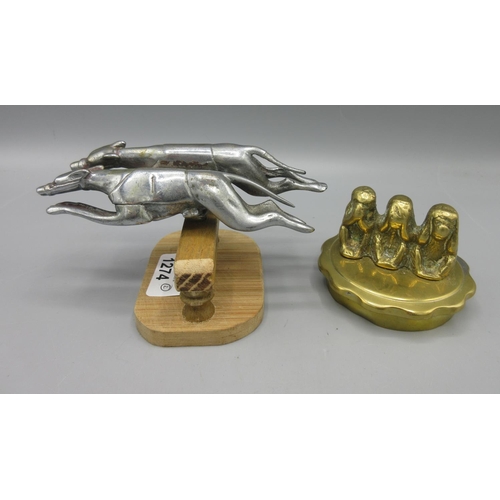 1274 - Brass three monkeys radiator cap, and a car mascot modelled as two racing greyhounds, max. L14cm (2)