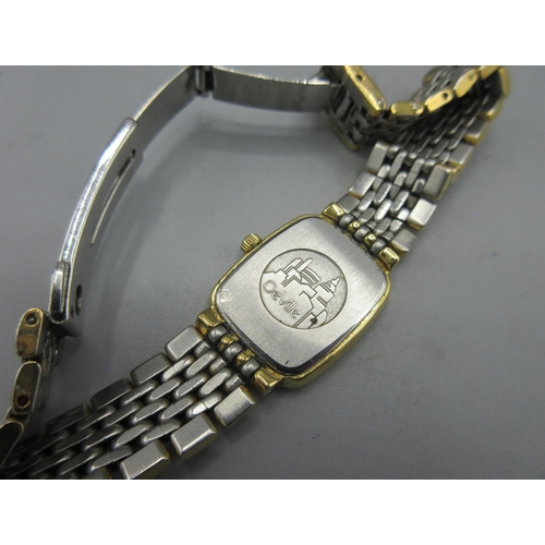 734 - Omega DeVille ladies stainless steel and gold plated quartz wristwatch on matching bracelet, signed ... 