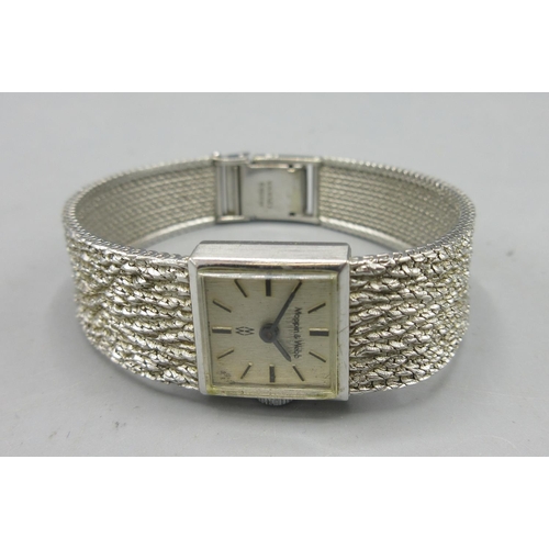 735 - Mappin and Webb ladies 9ct white gold wristwatch on integrated bark effect bracelet stamped .375, si... 