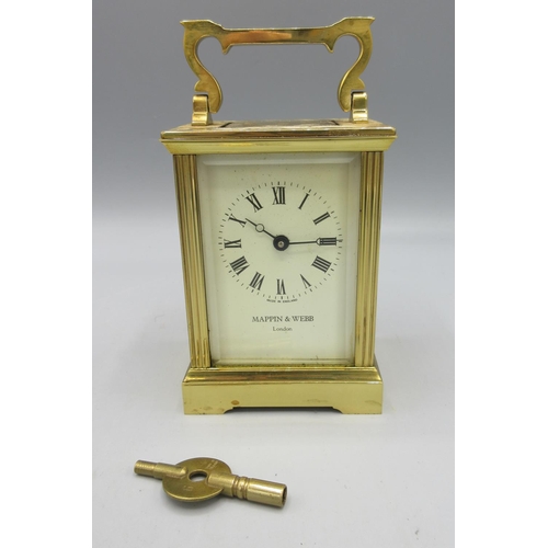 736 - Mappin & Webb London, 20th Century brass eight day carriage clock timepiece, signed white Roman dial... 