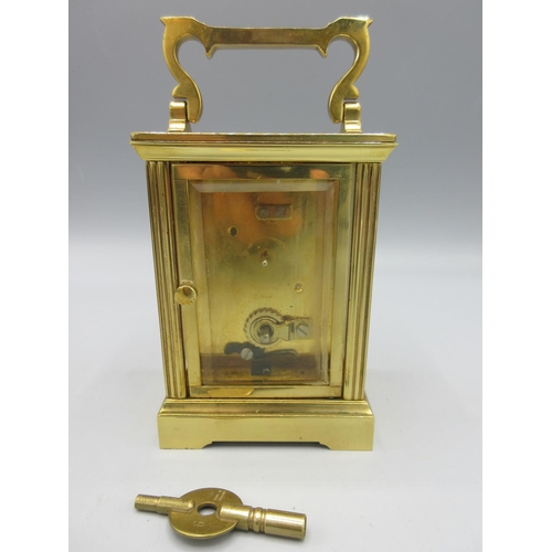 736 - Mappin & Webb London, 20th Century brass eight day carriage clock timepiece, signed white Roman dial... 