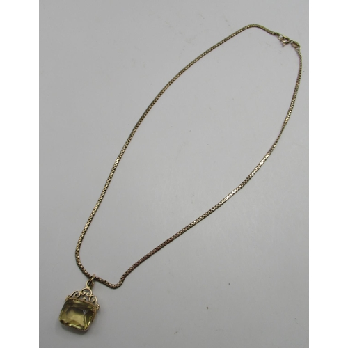 1221 - 9ct yellow gold citrine swivel fob, stamped 375, 0n 9ct yellow gold chain, both stamped 375, 8.43g