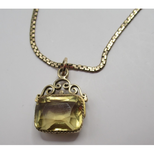 1221 - 9ct yellow gold citrine swivel fob, stamped 375, 0n 9ct yellow gold chain, both stamped 375, 8.43g