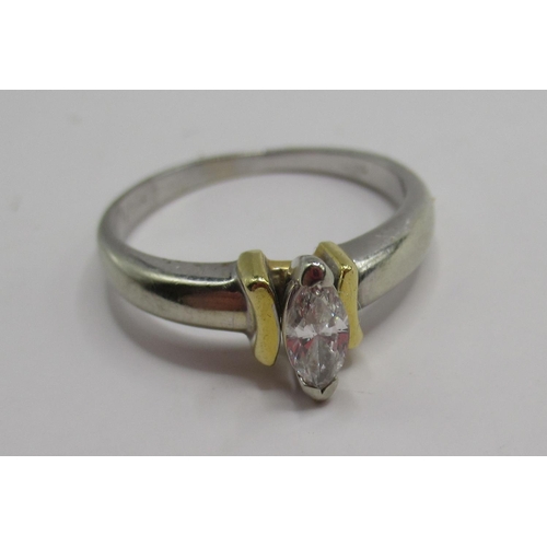 1224 - 18ct white gold ring set with marquise cut diamond in yellow metal setting, stamped 750, size O, 3.6... 