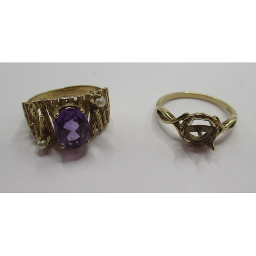 713 - 9ct yellow gold textured ring set with purple stone and seed pearls, size O1/2, stamped 375, and a 9... 