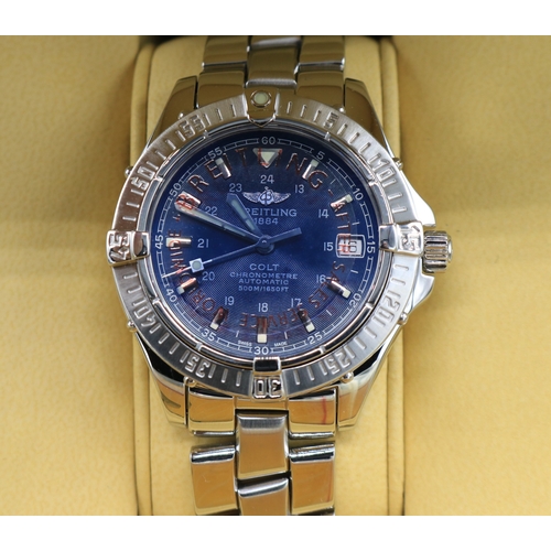 75 - Gents Stainless Steel Breitling Colt Automatic Chronograph, with blue dial bracelet strap, Serial # ... 