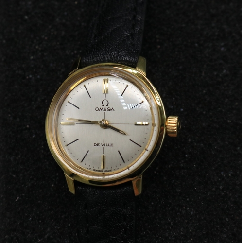 77 - Ladies Omega De Ville gold plated wristwatch on matching leather strap with signed gold plated buckl... 